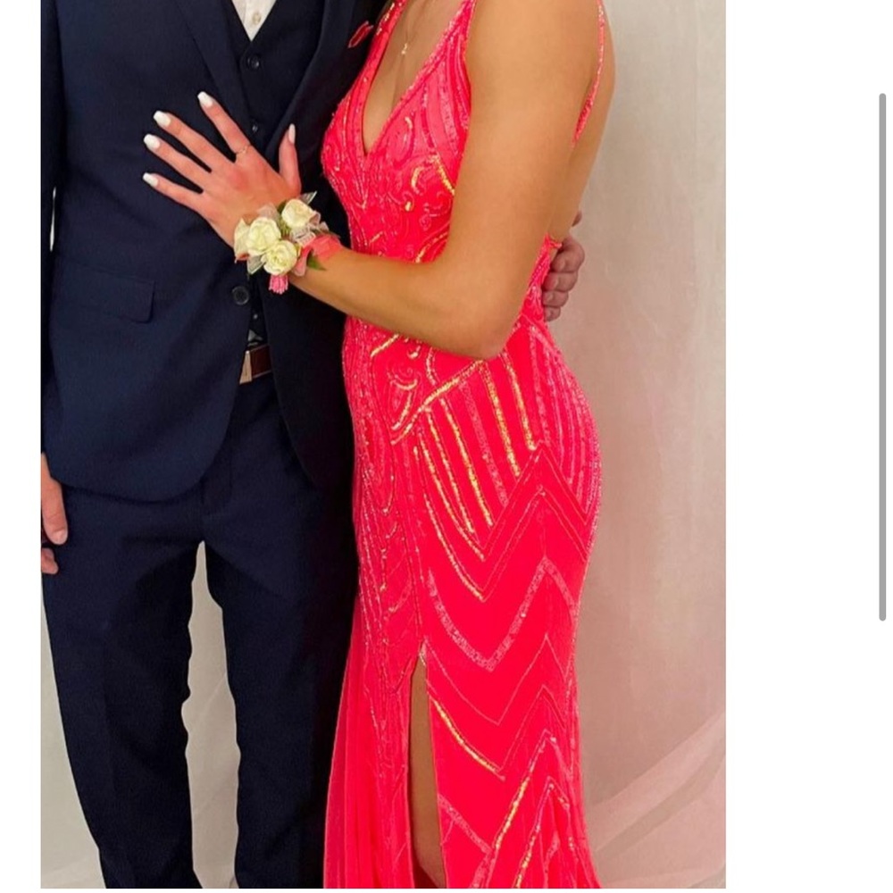 Coral pink sparkle prom dress